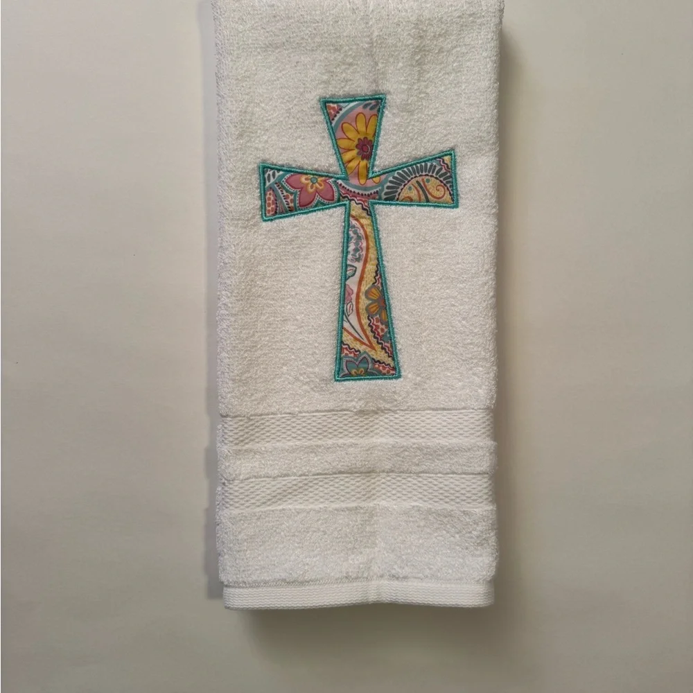 White Decorative Cross Embroidered Bath Towel